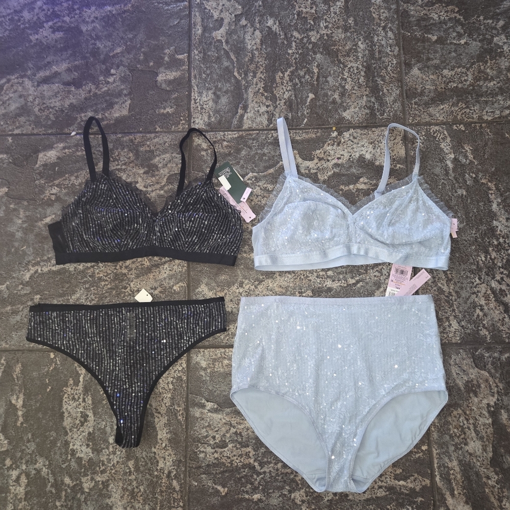 wild fable Sequin Lace Wireless Bra & Brief Sets - Light Blue and Blacks Size XX